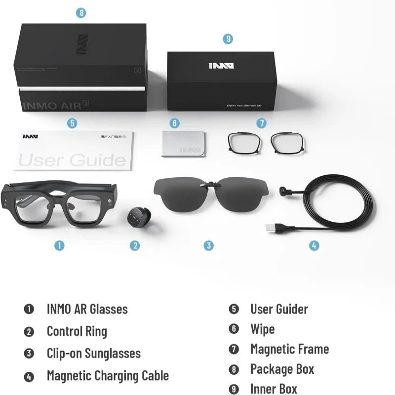 A layout of items that come with the HeadphoneHeat Inmo Air 2 - Smart AR Ring Control includes the AR glasses, control ring, clip-on sunglasses, magnetic charging cable, user guide, additional user guide, wipe, magnetic frame, package box, and inner box. Each item is numbered and labeled to showcase the advanced technology in augmented reality.