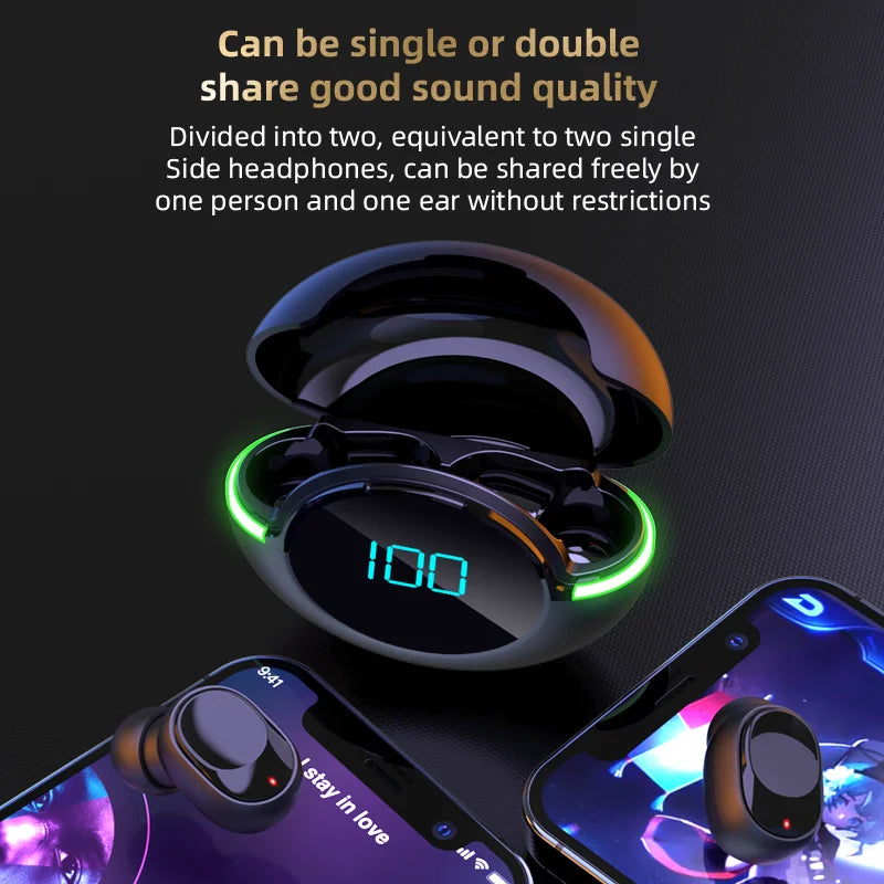 A pair of Y80 Wireless Bluetooth Earbuds from HeadphoneHeat in a charging case with a digital display showing the number 100. The case is open, and one earbud is next to a smartphone displaying a game. Text above describes that the HiFi audio earbuds can be used singly or in pairs for sharing true wireless audio via Bluetooth 5.0.