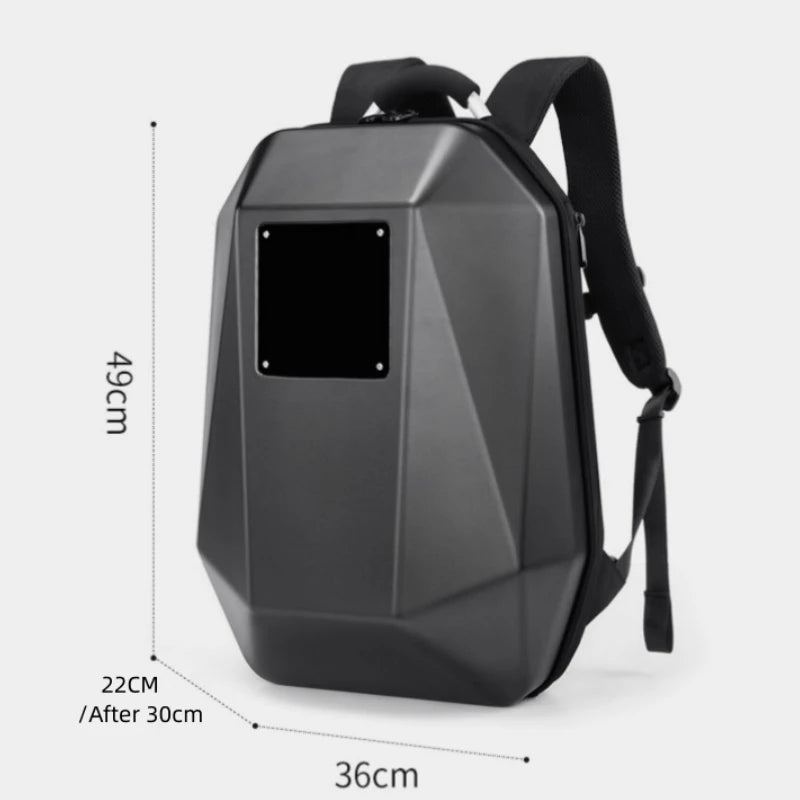 Introducing the CFUN LED Multimedia Business Men's Backpack by HeadphoneHeat, featuring a sleek geometric design with adjustable straps. This durable PVC creation boasts a hard-shell front with a rectangular black panel and dimensions of 49cm in height, 36cm in width, and tapering from 22cm to 30cm for a refined appearance.