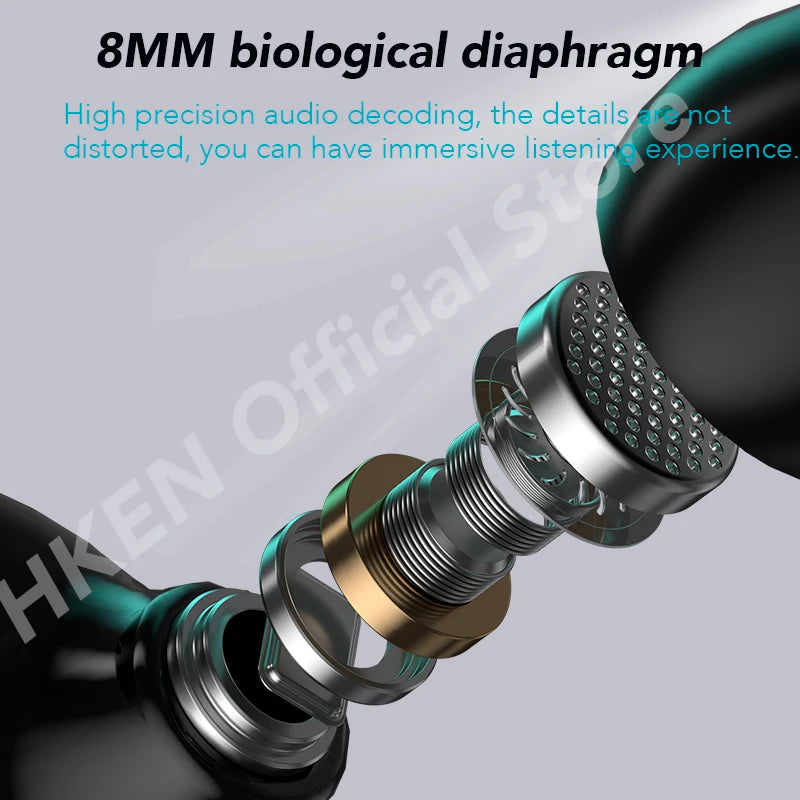 Close-up image of a black Bluetooth Earbuds TWS by HeadphoneHeat with its internal components partially visible. Text at the top reads, "8MM biological diaphragm," and additional text below states, "Advanced Bluetooth 5.2 and high precision audio decoding ensure the details are not distorted for an immersive listening experience.