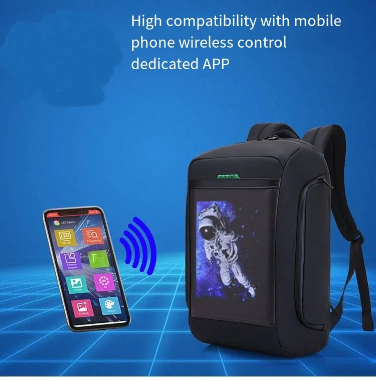 Introducing the Flashback HD Backpack by HeadphoneHeat: A black backpack equipped with a built-in digital screen displaying an astronaut, showcased next to a smartphone featuring a vibrant app interface. Made from durable polyester, it boasts multiple interior compartments. Set against a blue background with a tech-themed design, the text reads "High compatibility with mobile phone wireless control dedicated APP.