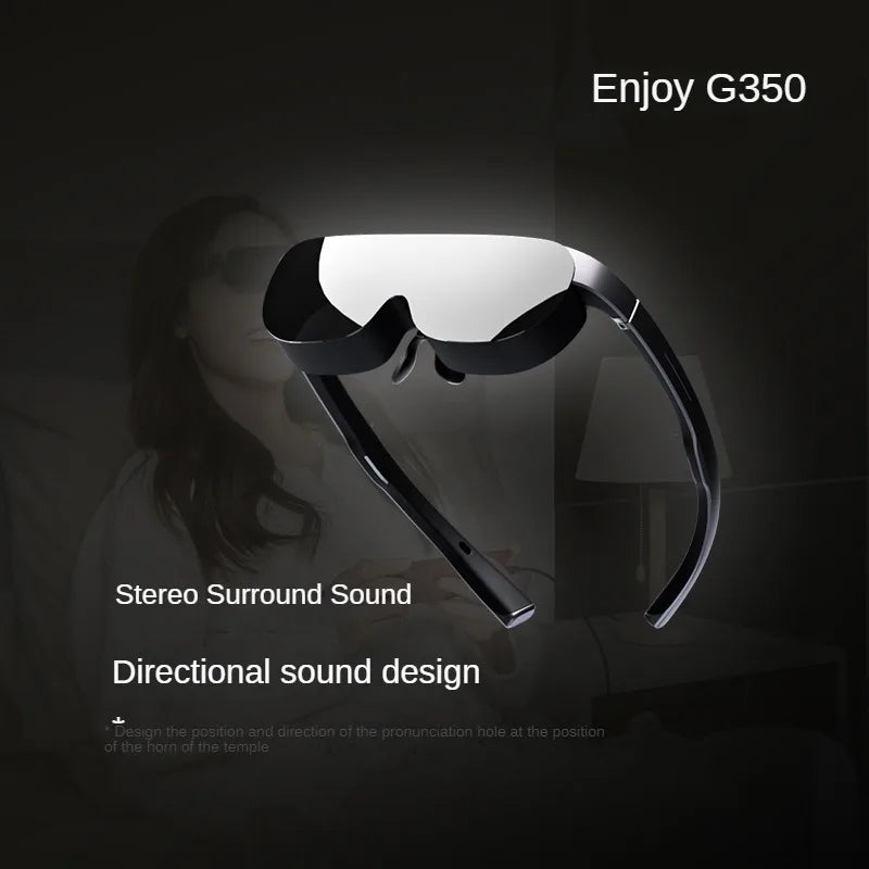 A pair of futuristic black HeadphoneHeat Grawoow G350 3D Movie Augmented Reality Head Displays with thick frames is shown prominently against a dark background. The text on the image reads, "Enjoy G350," "Stereo Surround Sound," and "Directional sound design." A person wearing the head display is seen in the background, enjoying high-definition visuals.