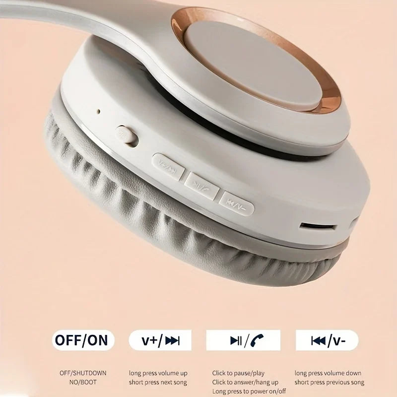 Close-up of the HeadphoneHeat Bluetooth HIFI Headphones Wireless Stereo, highlighting their wireless freedom with control buttons for power, volume up/down, and track skip. Set against a soft beige background, these headphones boast cushioned earpieces for dynamic sound quality and exceptional comfort.