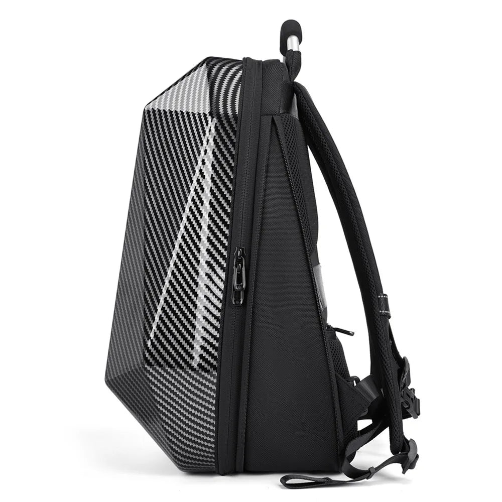 Side view of the CFUN LED Multimedia Business Men's Backpack by HeadphoneHeat, showcasing its sleek, softback style with an angular geometric design and white stripes. It features adjustable shoulder straps and a side zippered pocket, crafted from durable PVC for a modern look.