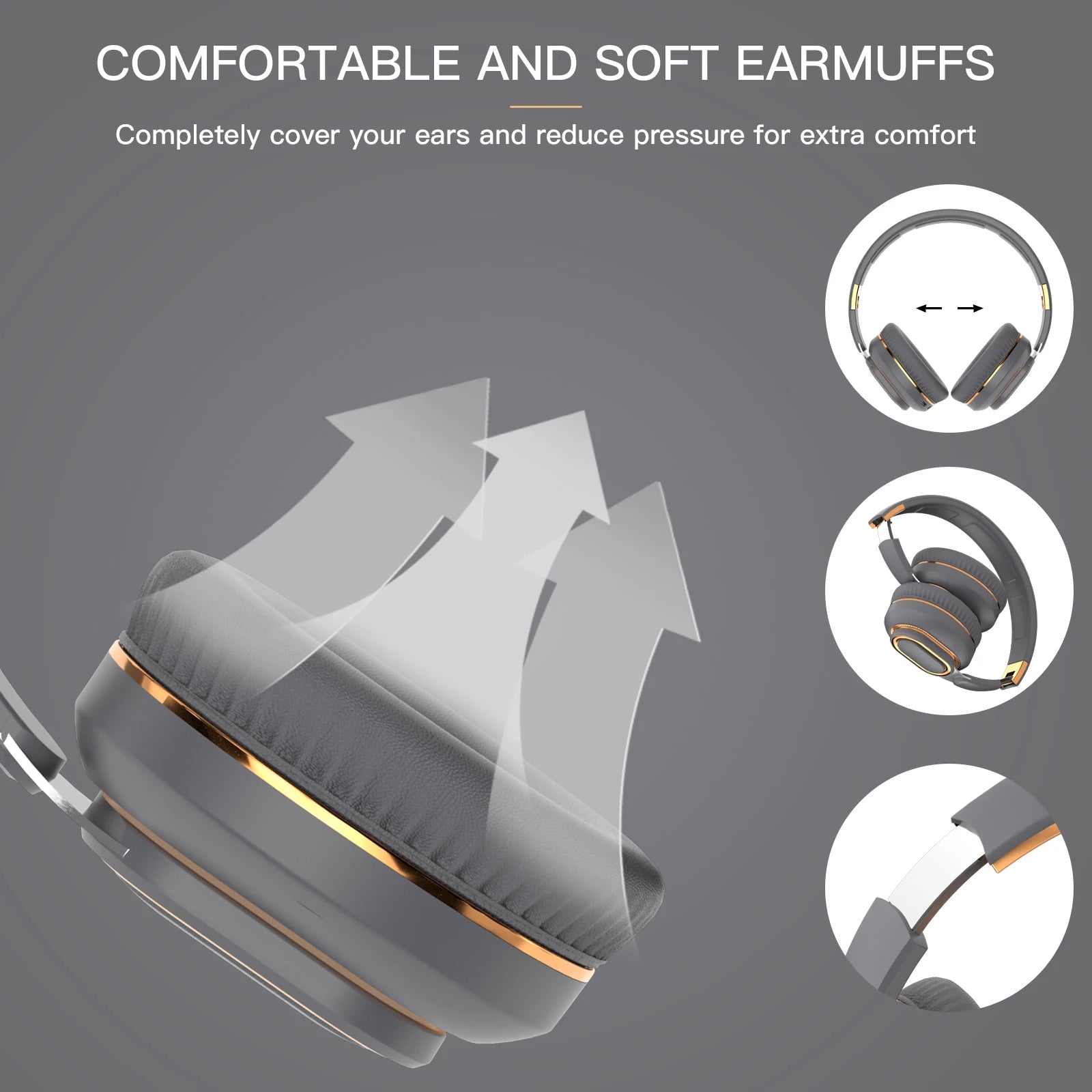 A close-up of the HeadphoneHeat FITHEM H7 Pro Max Wireless Headphones emphasizes their comfortable and soft earmuffs. Three smaller circular images show different angles, highlighting the cushioned ear pads. Arrows indicate airflow for added comfort. Text reads: "Comfortable and soft earmuffs. Completely cover your ears and reduce pressure for extra comfort.