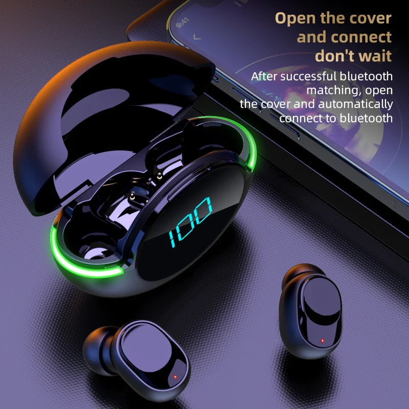 The Y80 Wireless Bluetooth Earbuds by HeadphoneHeat are showcased alongside their charging case, which features an LED display showing a full 100% charge. One earbud is nestled in the case, while the other rests beside a smartphone. The text reads, "Open the cover and connect, don't wait.