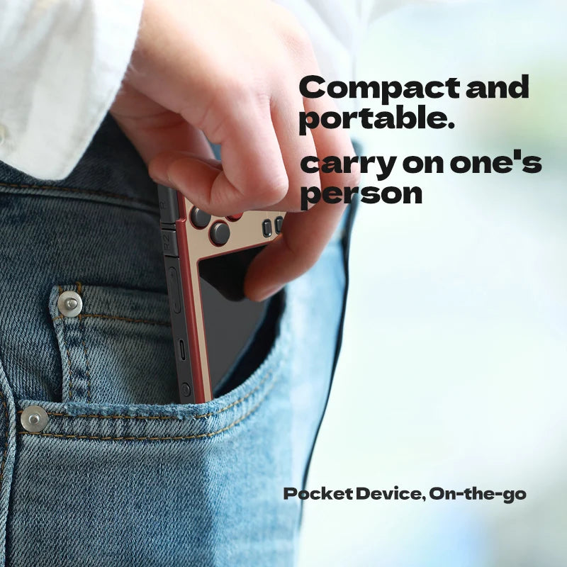 A person is slipping a MIYOO A30 Console, featuring a 2.8'' IPS Screen and powered by Linux, into the back pocket of blue jeans. The text on the image reads, "Compact and portable: carry on your person" and "Pocket Device, On-the-go." Perfect for retro game lovers seeking entertainment everywhere. From HeadphoneHeat.