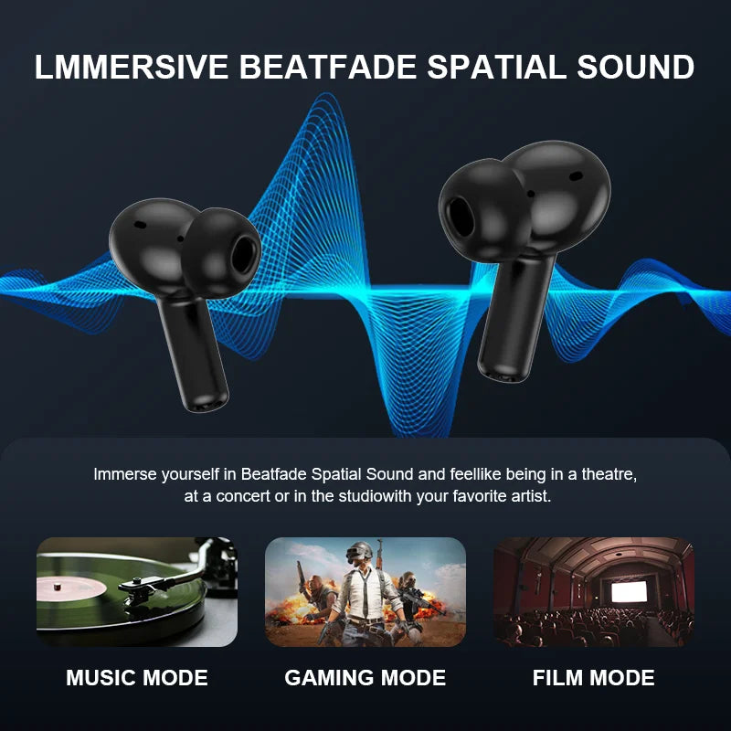 Here is a promotional graphic for the HeadphoneHeat Beatfade S20 Pro Touch Screen ANC Wireless Earbuds. The image features two sleek black earbuds set against a dynamic blue wave design. Below, there are three labeled images: "Music Mode," "Gaming Mode," and "Film Mode," each depicting a vinyl record player, a video game scene, and a movie theater respectively. Text emphasizes the earphones' immersive spatial sound and state-of-the-art active noise cancellation.
