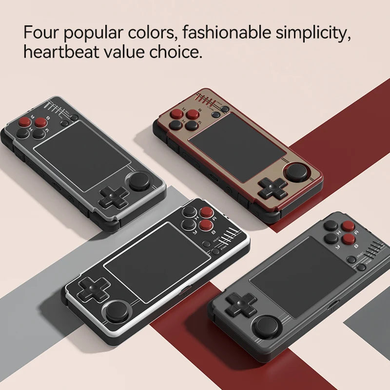 Four MIYOO A30 handheld game consoles from HeadphoneHeat in distinct colors (black, brown, gray, and white) are displayed on a patterned surface. Each console boasts a 2.8'' IPS screen with a directional pad and buttons ideal for retro games. Text at the top states, "Four popular colors, fashionable simplicity, heartbeat value choice.