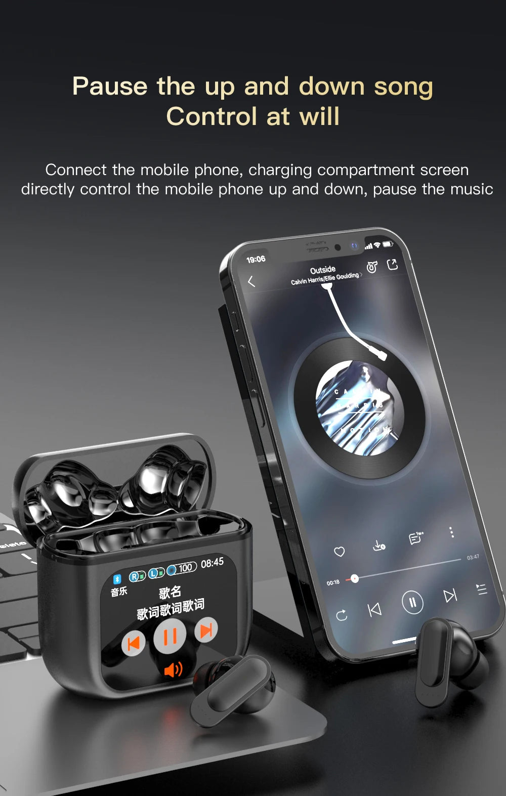 A pair of LED Touch Screen Newmsnr Bluetooth 5.4 Earbuds from HeadphoneHeat rest in their sleek charging case, featuring a digital display. Nearby, a smartphone shows a music player interface. Above it all, text reads, "Pause the up and down song Control at will with Bluetooth technology. Connect the mobile phone; charging compartment screen directly controls music settings.