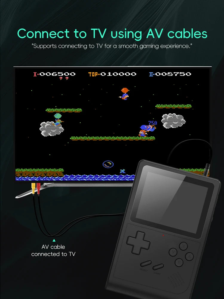 Introducing the Retro Mini Video Game for NES/SNES/GBA Emulator GB300 by HeadphoneHeat! This console features 6 classic 2D platform games and connects to your TV with AV cables. The image text says, "Connect to TV using AV cables" and "Supports connecting to TV for a smooth gaming experience." Relive the nostalgia!