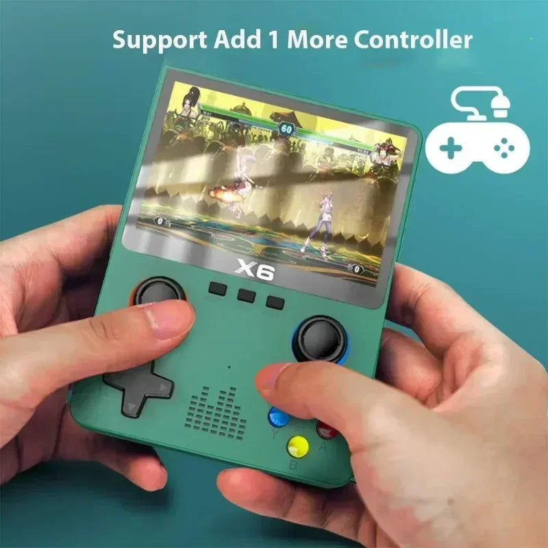 A pair of hands grasps the EVANOVM X6 Retro Game Console by HeadphoneHeat, an eye-catching green device showcasing a fighting game. Featuring dual joysticks and a range of buttons, it promises the joy of portable gaming. Above, the text reads "Support Add 1 More Controller," accompanied by a controller icon.