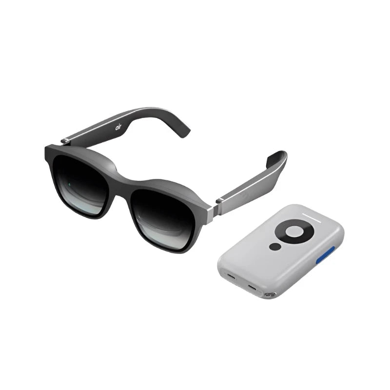 A pair of sleek, dark-tinted XREAL Air AR glasses from HeadphoneHeat, featuring black frames and grey arms, comes with a compact Bestview Wireless Adapter. This rectangular adapter with circular buttons and ports likely serves as a high-speed remote or control unit for the glasses.