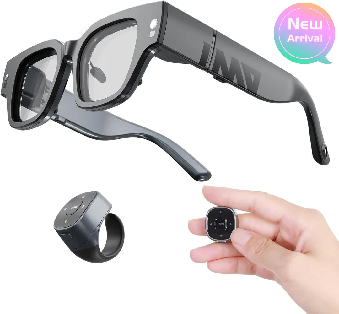 An image of black HeadphoneHeat Inmo Air 2 - Smart AR Ring Control glasses with built-in controls, a wearable ring remote, and a small handheld remote. The glasses have a "New Arrival" tag in the top right corner. A hand is holding the small remote, showcasing its compact size and advanced technology for augmented reality experiences.