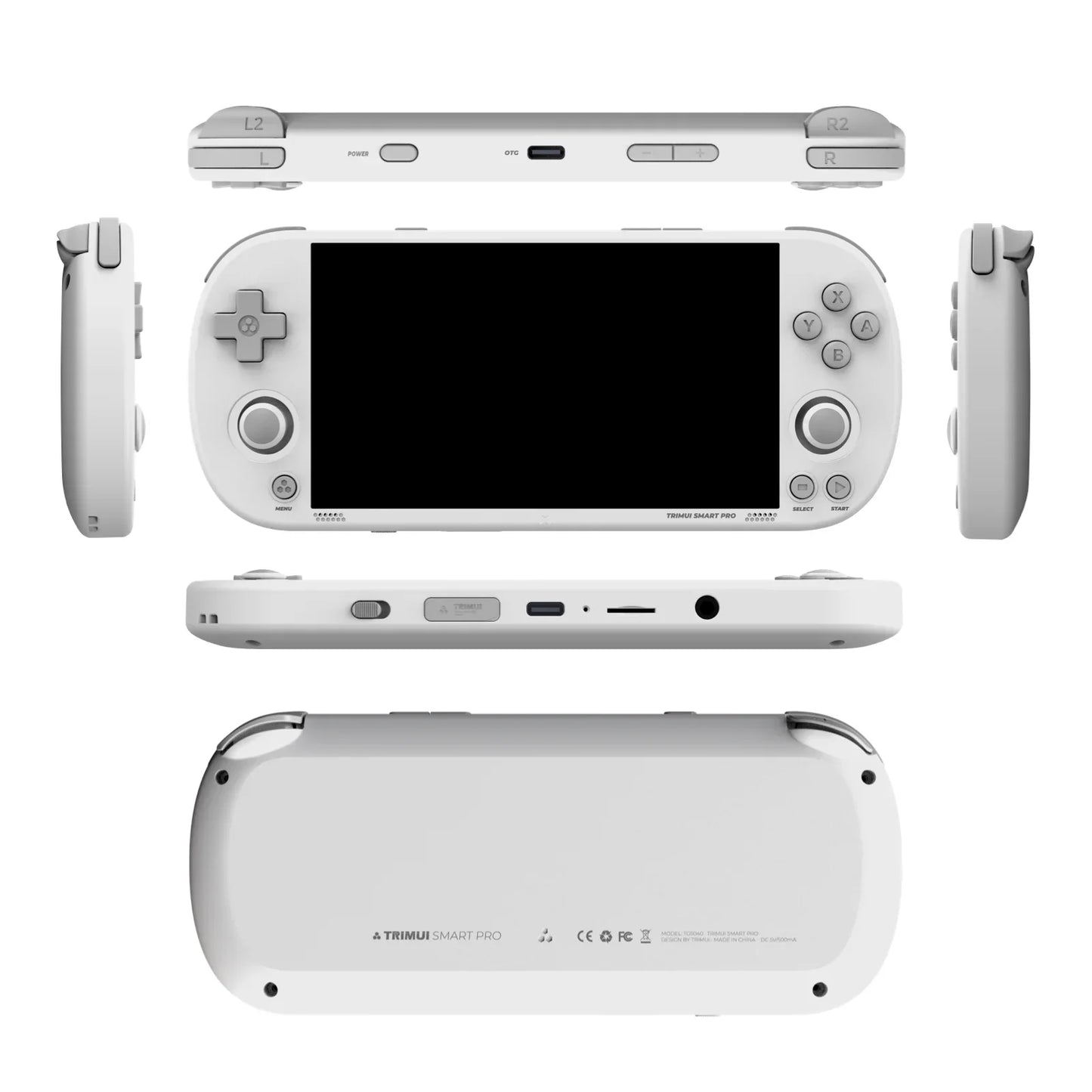 The image displays a TRIMU Handheld Pro Game Console by HeadphoneHeat, which is perfect for enjoying retro games. It provides multiple perspectives, including front, back, top, bottom, and side views. This console boasts a 4.96-inch IPS screen and comes equipped with control buttons, analog sticks, and ports. With a Linux system underpinning it all, players can access over 9000 games on this handheld device.