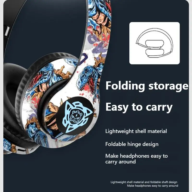 Introducing the HeadphoneHeat Newmsnr Graffiti Foldable Wireless Bluetooth Headphones: a vibrant set of foldable headphones featuring colorful comic-style illustrations. With Bluetooth 5.1 connectivity, they provide convenient folding storage for easy portability and come with a lightweight design. A simple line drawing highlights their folding mechanism.