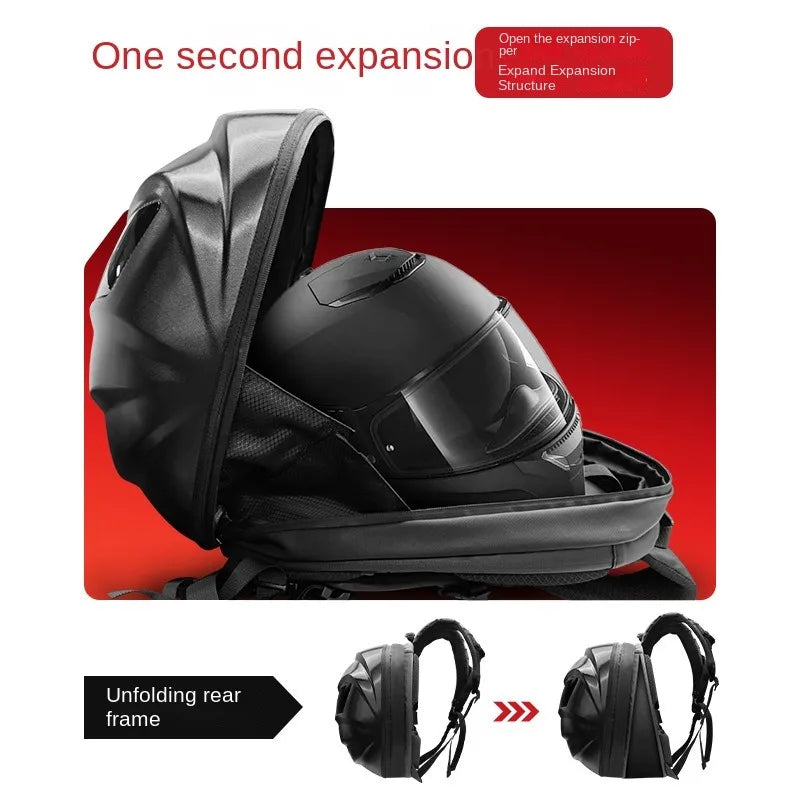 The LED Turtle Shell Backpack by HeadphoneHeat securely stores a black motorcycle helmet with its expandable compartment. This unisex softback showcases its unfolding rear frame feature in a series of images set against a vibrant red background, making it ideal for the moto & biker style enthusiast.