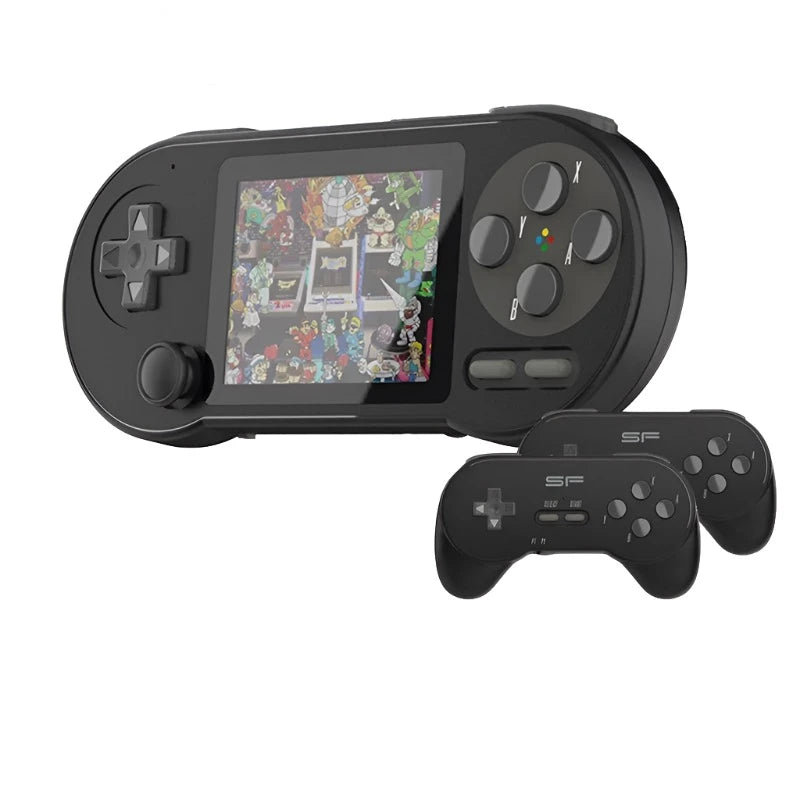 A black HeadphoneHeat DATA FROG SF2000 Black Handheld Game Console featuring a screen displaying a colorful game. The console has directional buttons on the left and action buttons on the right. Two smaller, matching black controllers are placed below the console, offering access to 000 games for endless entertainment.