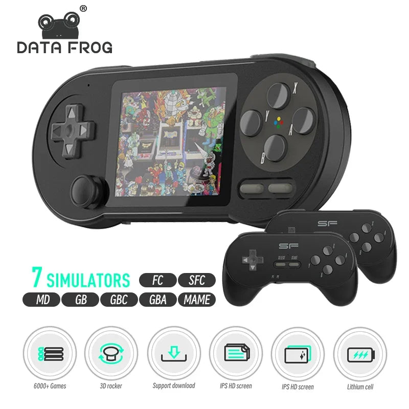 HeadphoneHeat DATA FROG SF2000 Black Handheld Game Console displayed with 7 simulators: MD, GB, GBC, FC, SFC, GBA, and MAME. The console features an IPS HD screen and dual controllers. Icons highlight over 6,000 games, 3D rocker, support download, lithium cell, and battery life.