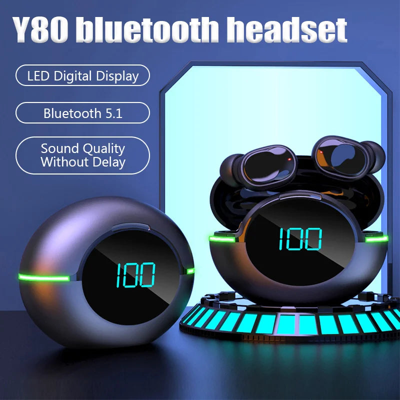 A promotional image for the HeadphoneHeat Y80 Wireless Bluetooth Earbuds showcases the earbuds in a futuristic, spherical charging case with an LED display indicating "100." Key features highlighted include LED Digital Display, Bluetooth 5.1, HiFi audio, and Sound Quality Without Delay.