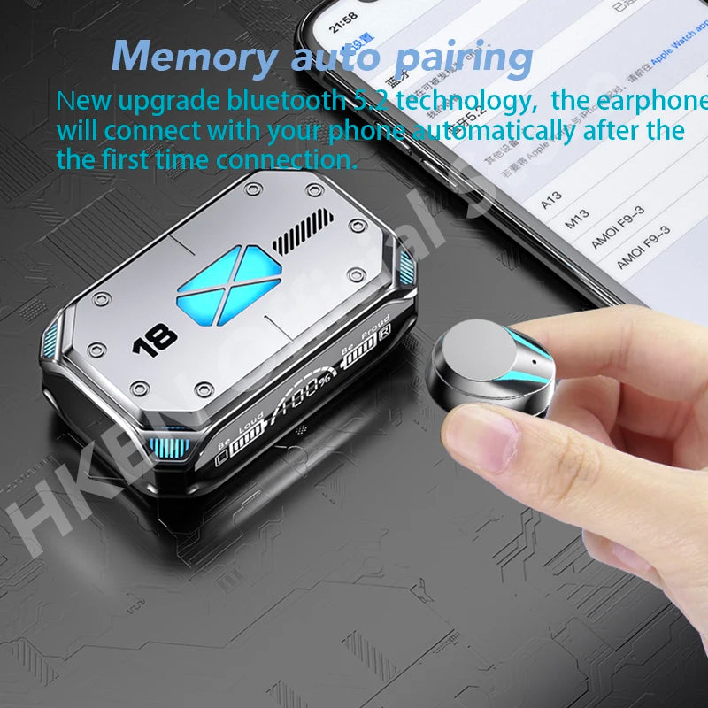 Close-up of HeadphoneHeat's Bluetooth Earbuds TWS and their charging case on a futuristic-looking surface. The sleek design with blue accents stands out. A smartphone screen showing available Bluetooth devices is partially visible. Text reads "Memory auto pairing" and highlights the advanced Bluetooth 5.2 technology for automatic connection.