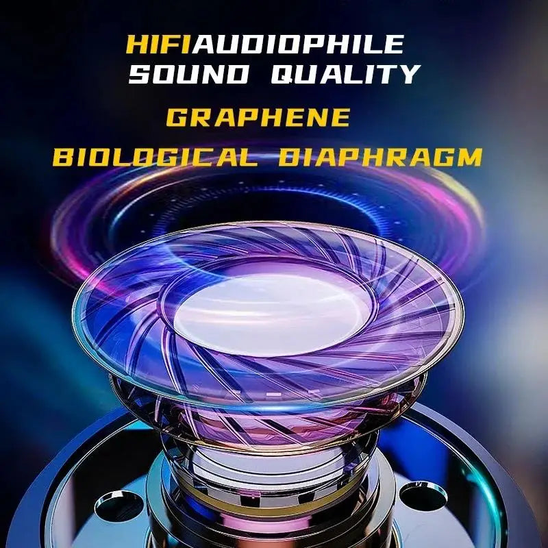 A detailed view showcases the swirl design and neon colors of the futuristic TDAEG X15Pro earbuds diaphragm. Text above highlights "HIFI AUDIOPHILE SOUND QUALITY," "GRAPHENE TECHNOLOGY," and "BIOLOGICAL DIAPHRAGM" by HeadphoneHeat, guaranteeing immersive audio and powerful sound.