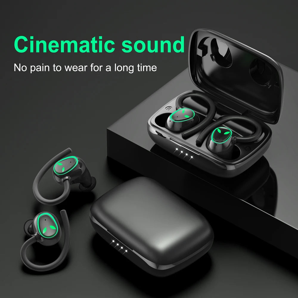 A pair of HeadphoneHeat's TWS Newmsnr UFO Halloween Earbuds with ear hooks and charging cases are showcased. The text "Cinematic sound, No pain to wear for a long time" is prominently displayed above the earbuds. Equipped with Bluetooth 5.1 technology, these earbuds feature green accents and are set against a dark backdrop.