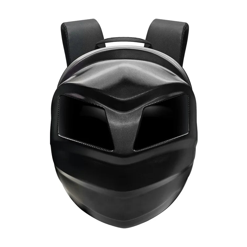 Introducing the LED Turtle Shell Backpack by HeadphoneHeat: a black backpack designed to resemble a stylized, minimalist superhero mask. It features angular lines and prominent eye cutouts for a sleek, futuristic appearance, crafted from durable ABS material. Emphasizing Moto & Biker style, it offers adjustable shoulder straps for maximum comfort.