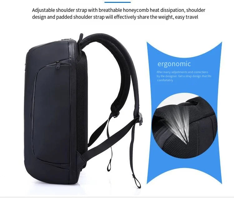 Side view of the Flashback Backpack with HD Display in black by HeadphoneHeat, featuring adjustable shoulder straps with breathable honeycomb heat dissipation padding. A close-up inset highlights the padded shoulder strap. Text on the image reads: "Ergonomic - Get a strap design that fits comfortably." Made from durable polyester with multiple interior compartments.