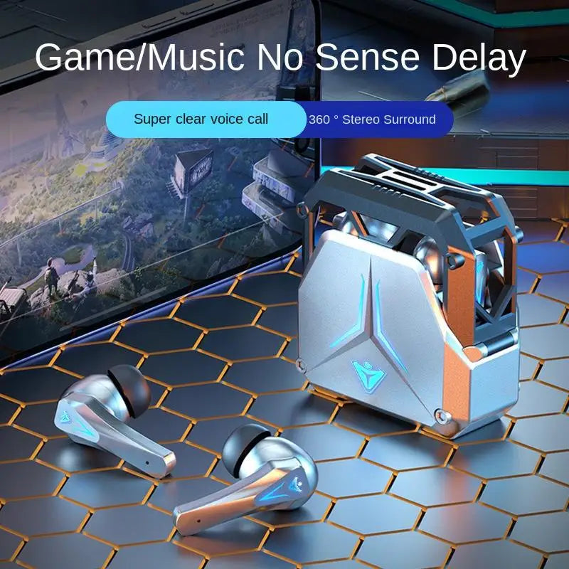 High-tech wireless earbuds with Bluetooth 5.3 and a sleek charging case, displayed on a futuristic hexagonal grid surface. The text reads "Game/Music No Sense Delay," "Super clear voice call," and "360° Stereo Surround,” emphasizing the advanced noise-cancelling features of the HeadphoneHeat DUTRIEUX Bluetooth Earbuds 5.3 gaming.