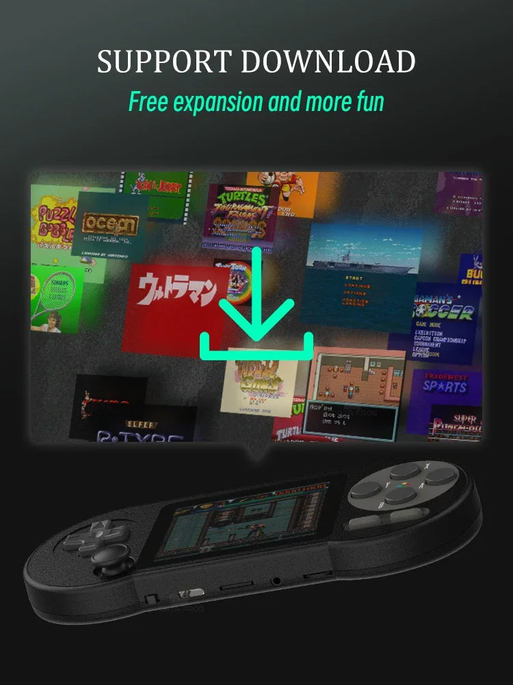 An image showcasing a DATA FROG SF2000 Black Handheld Game Console with six buttons and a directional pad. Behind it, various retro game covers are displayed. Above the console, the text reads: "SUPPORT DOWNLOAD - Free expansion and more fun," with a green download icon. Play up to 000 games!