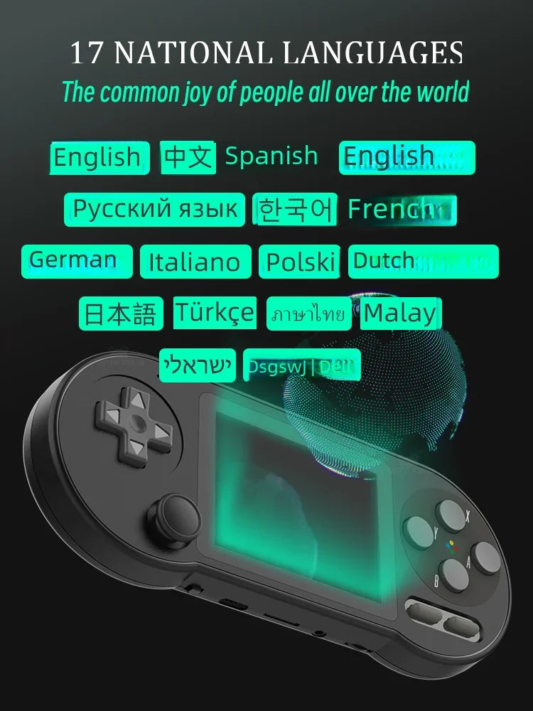 Image of a black HeadphoneHeat DATA FROG SF2000 Black Handheld Game Console with a directional pad, buttons, and a joystick. Text above it reads "17 National Languages" and "The common joy of people all over the world." Listed languages include English, Spanish, French, German, Italian, and more.