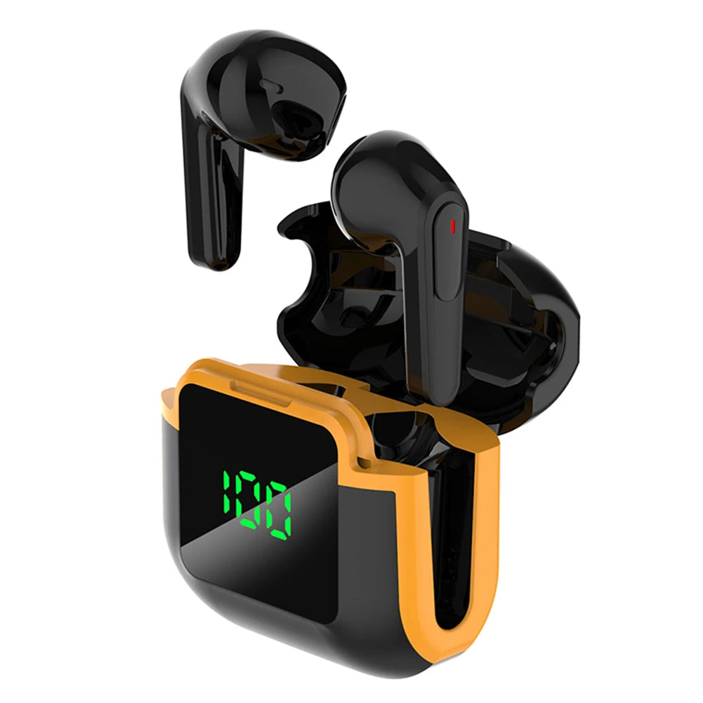 A pair of VKTECH PRO 90 Noise Reduction Earbuds in black with a yellow accent are shown above an open charging case. The case, from the brand HeadphoneHeat, features an LED display indicating "100" on the front. These Bluetooth 5.3 earbuds boast HiFi sound quality and have a sleek, glossy finish.