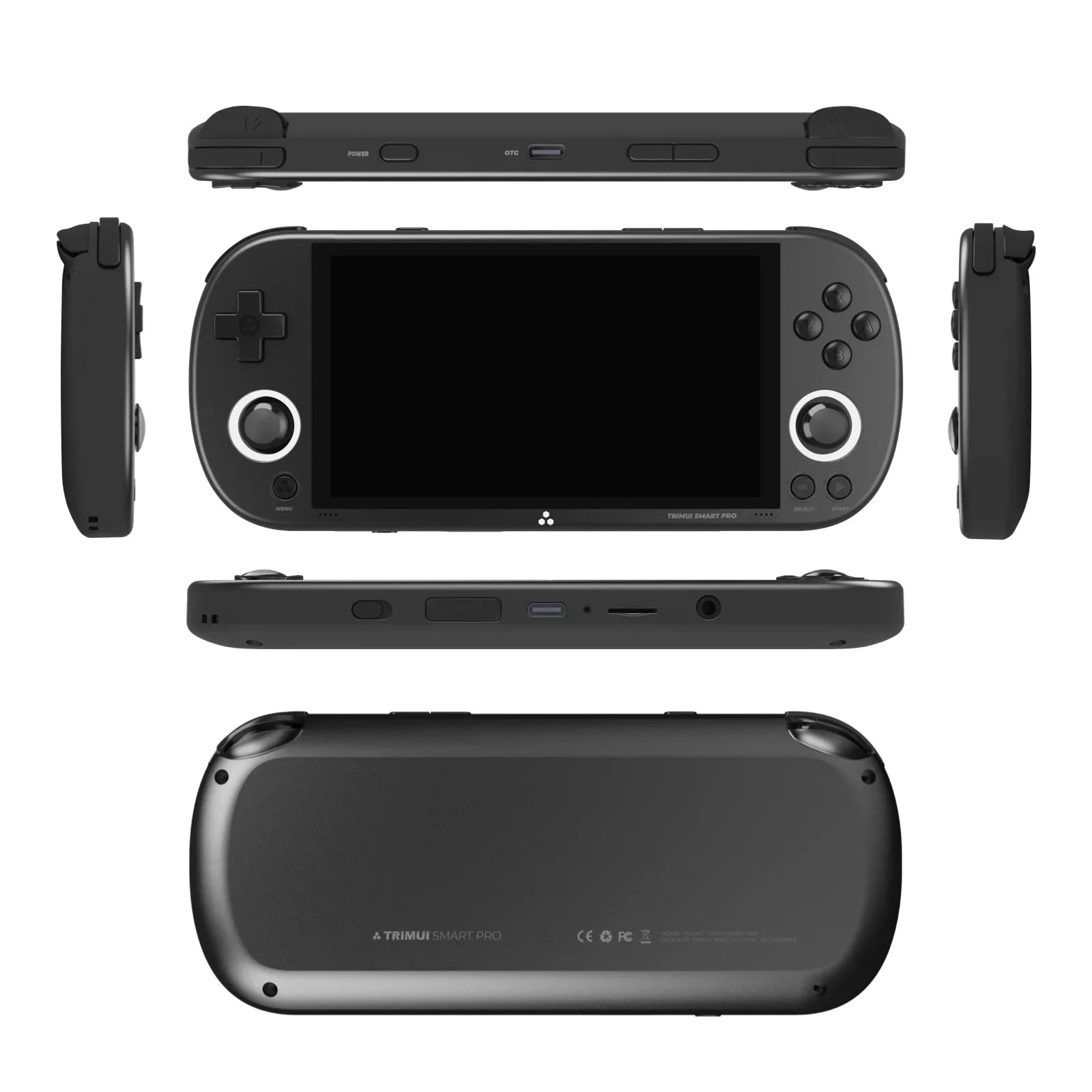 The TRIMU Handheld Pro Game Console by HeadphoneHeat is showcased from various angles, including the front, back, top, bottom, and sides. Designed for handheld gaming enthusiasts, it boasts a 4.96'' IPS screen with buttons and detachable controllers. Dive into endless retro gaming fun with access to over 9000+ games on its Linux system.