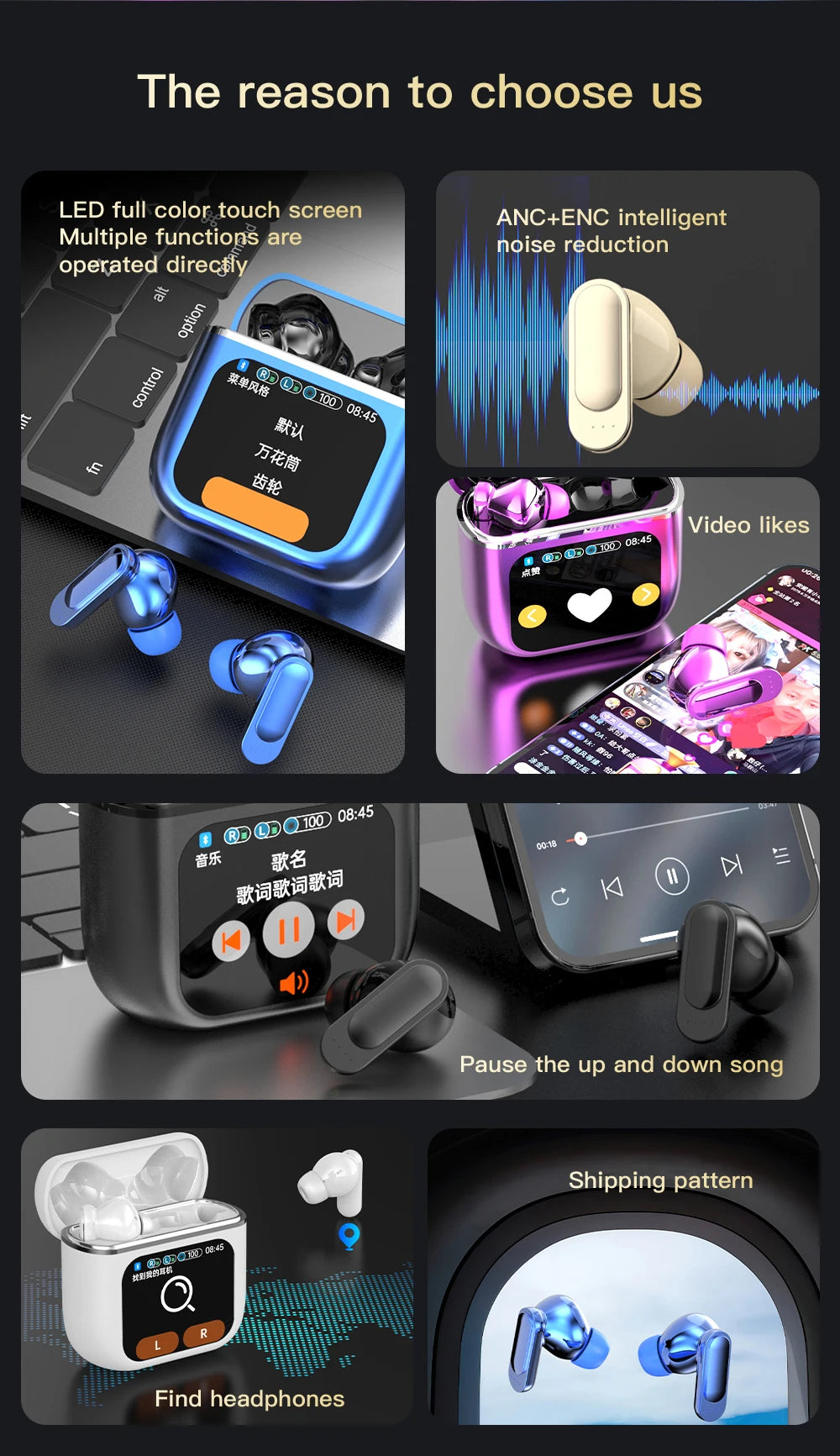 Promotional image for the LED Touch Screen Newmsnr Bluetooth 5.4 Earbuds by HeadphoneHeat showcasing various features. The image includes six sections highlighting Bluetooth technology, LED touch screen, ANC+ENC noise reduction, video likes, pausing music, finding headphones, and shipping pattern. Each section features the earbuds alongside their respective attributes.