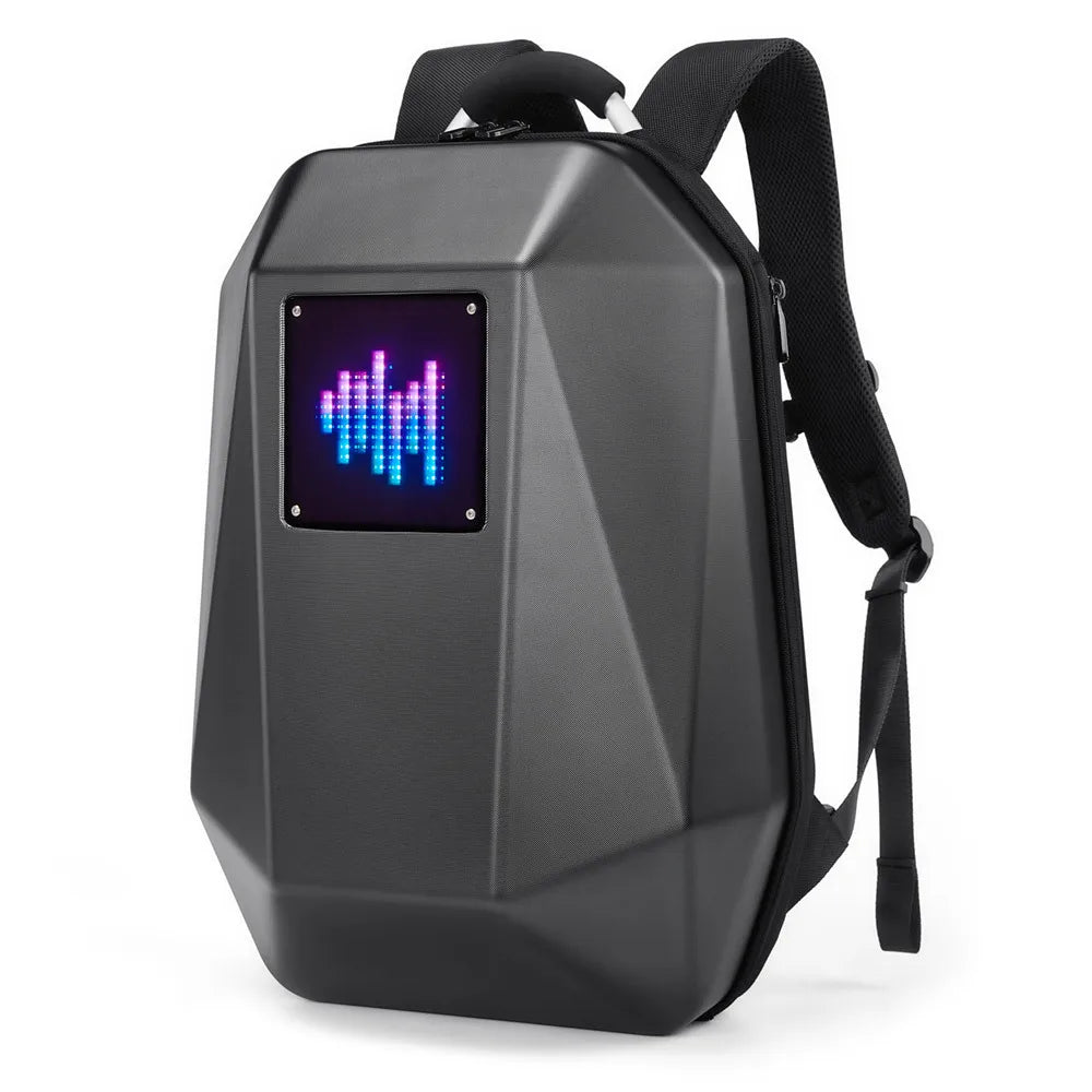 The CFUN LED Multimedia Business Men's Backpack by HeadphoneHeat boasts a sleek black design with a vibrant screen, made from durable PVC in a softback style.