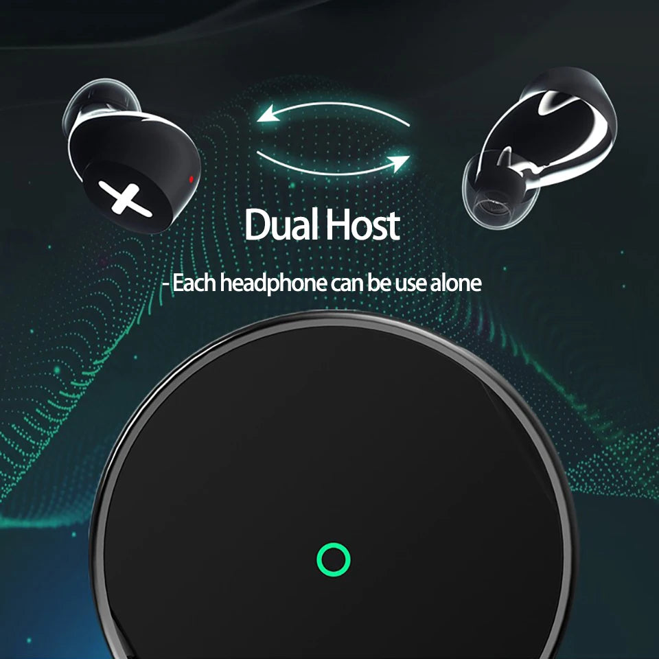 An image showcasing HeadphoneHeat Bluetooth Kenteen’s 5.1 Earbuds with "Dual Host" and dual driver technology. The text indicates that each earbud can be used independently. The background features a digital, futuristic design with a large earbud case at the center, flanked by two earbuds above it.