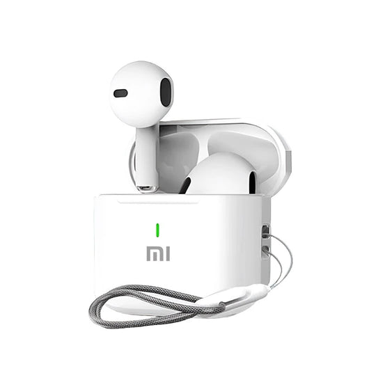 A pair of white Xiaomi MIJIA Bluetooth Earbuds from HeadphoneHeat with a charging case. The case is open, displaying the true wireless earphones inside. There is an LED indicator on the case, and a lanyard is attached to the side. The brand logo "Mi" is displayed on the front of the case.