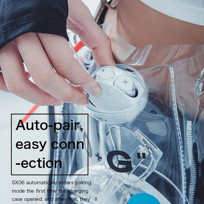 A person is holding a pair of white Bluetooth Kenteen’s 5.1 Earbuds by HeadphoneHeat near a transparent backpack. The text in the image reads: "Auto-pair, easy connection. SX06 automatically enters pairing mode the first time the charging case is opened, and after that, they'll seamlessly connect.