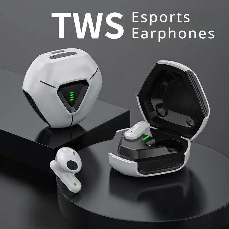 Image featuring the Esports ZIXZEX Game Bluetooth TWS Earbuds by HeadphoneHeat, with a futuristic design in white and black. One earbud lies next to an open, polygonal charging case displaying the device's battery level. In the background, another closed charging case showcases HeadphoneHeat's ZIXZEX LY09 In-ear Wireless Headphones with Active Noise-Cancellation.