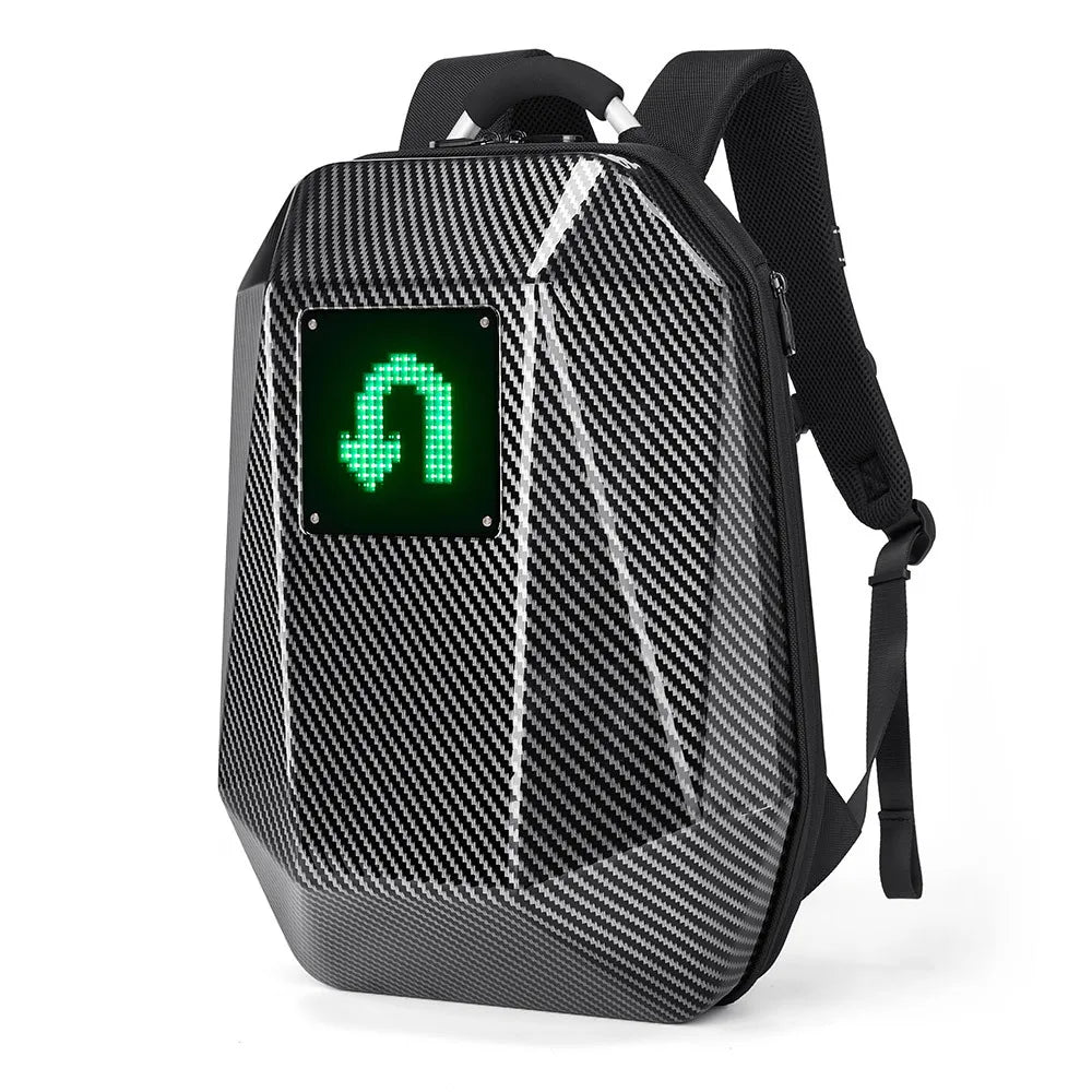 The CFUN LED Multimedia Business Men's Backpack by HeadphoneHeat is designed in a sleek black carbon fiber softback style and includes a vibrant green LED arrow display on the front for turn signals. Featuring durable PVC accents and adjustable shoulder straps, this backpack is both stylish and functional.