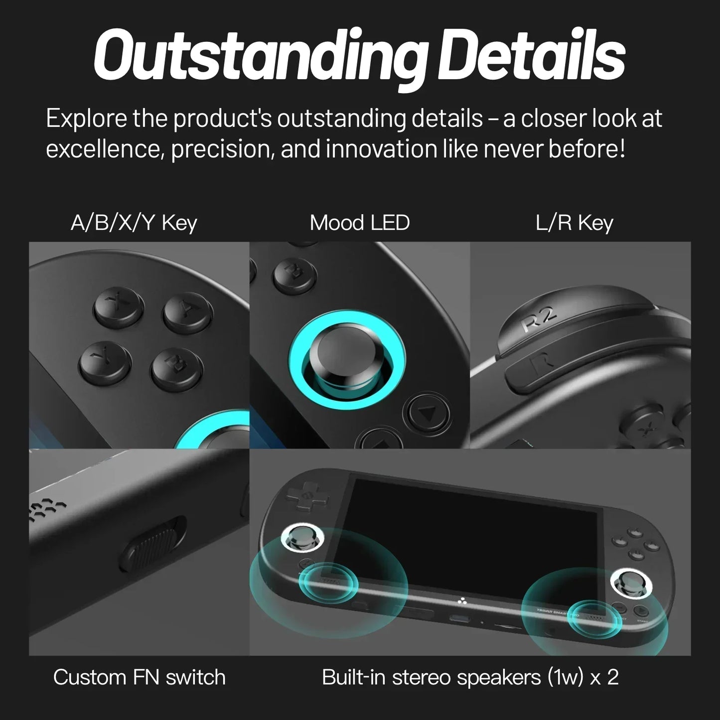 The promotional image highlights the features of the TRIMU Handheld Pro Game Console from HeadphoneHeat, including A/B/X/Y buttons, a mood LED, L/R keys, a custom FN switch, and built-in stereo speakers (1W x 2). Text accompanies the visuals with "Outstanding Details," celebrating excellence and innovation for handheld gamers enjoying access to over 9000 retro games.