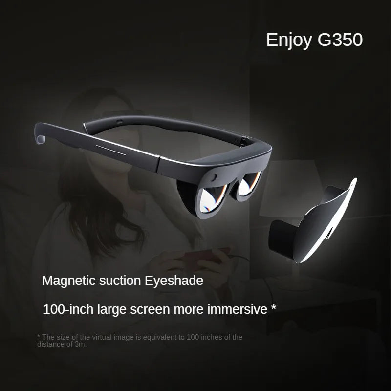 Image of a headset-like device named "Grawoow G350," advertised as the HeadphoneHeat Video Glasses featuring a magnetic suction eyeshade and offering high-definition visuals on a 100-inch large screen from a distance of 3 meters. The device is depicted floating against a dark background with a person faintly visible in the background.