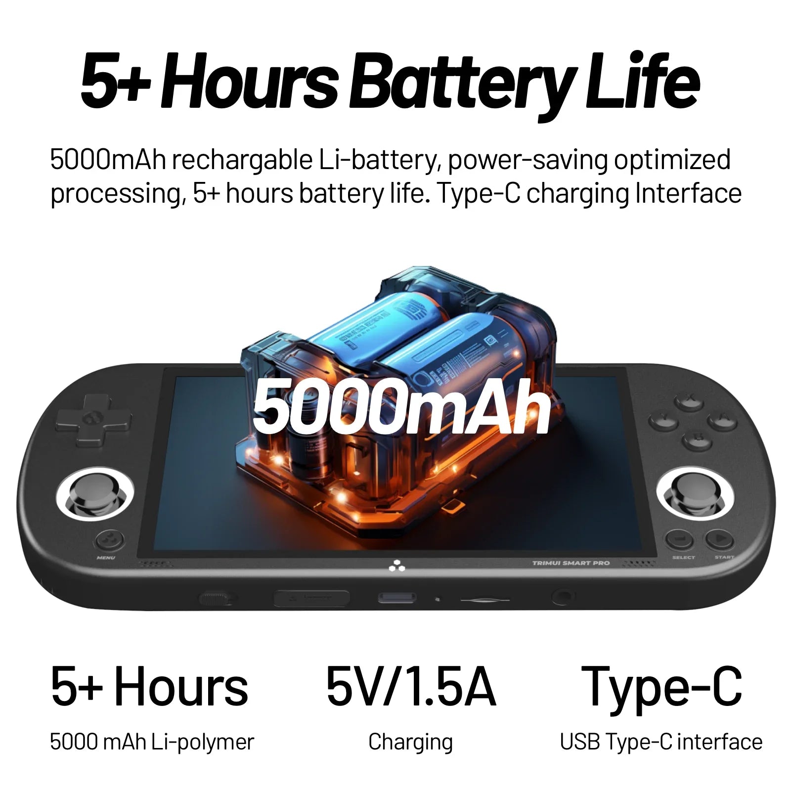 Image showcasing the TRIMU Handheld Pro Game Console by HeadphoneHeat, designed for handheld gaming enthusiasts. It features a 5000mAh rechargeable Li-battery providing over 5 hours of playtime, supports 5V/1.5A charging, and includes a USB Type-C interface. Enjoy retro gaming on the go with access to a library of over 9000 titles.