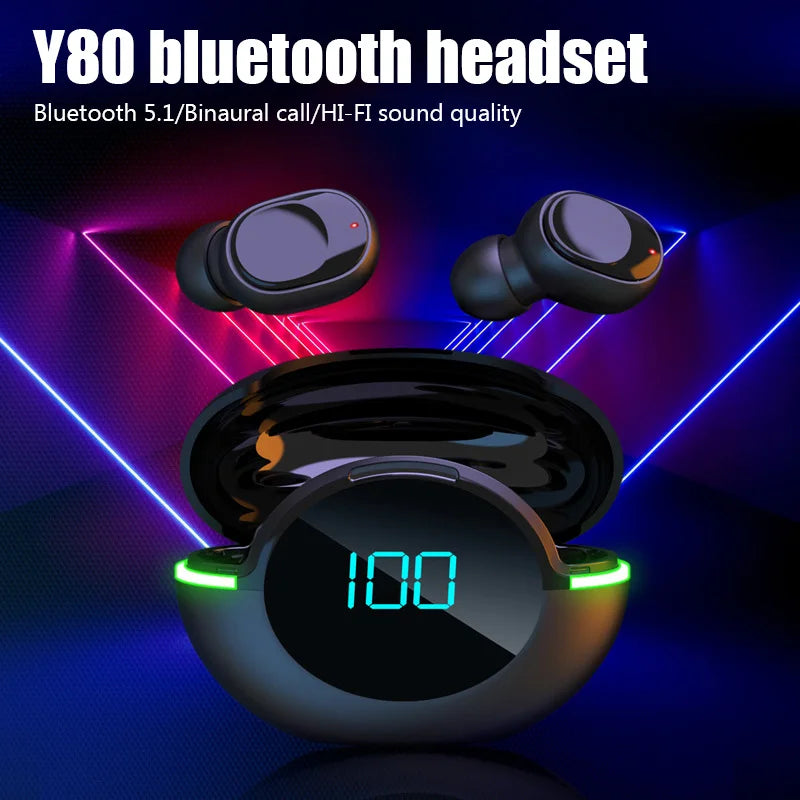 An advertisement for the HeadphoneHeat Y80 Wireless Bluetooth Earbuds featuring two black earbuds with green accents and a charging case displaying the number "100" in digital format. Against a backdrop of colorful neon lines, the text highlights Bluetooth 5.0, binaural calls, and true wireless HiFi audio quality.