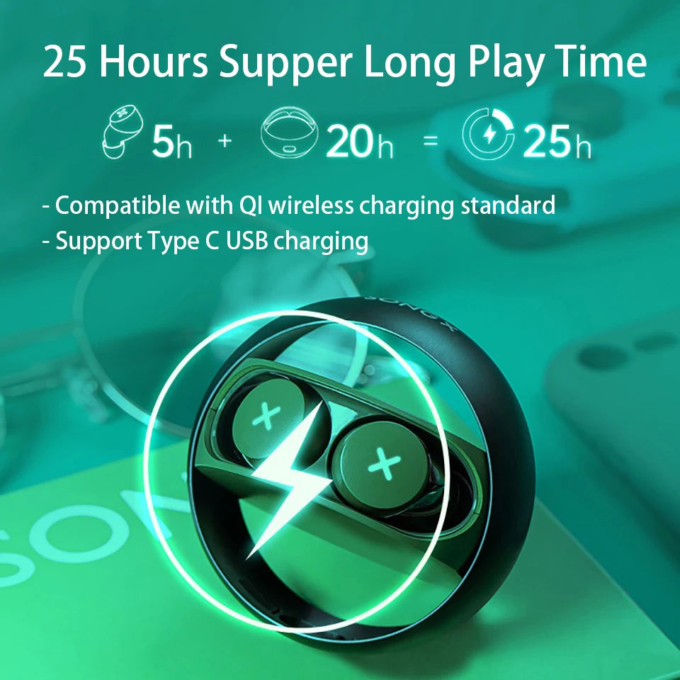 Image showing a pair of HeadphoneHeat Bluetooth Kenteen’s 5.1 Earbuds with a charging case on a green surface. Text reads "25 Hours Super Long Play Time," highlighting 5 hours for the earbuds plus 20 hours with the case. It mentions compatibility with QI wireless charging and Type C USB.