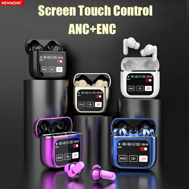 Ad showcasing the vibrant LED Touch Screen Newmsnr Bluetooth 5.4 Earbuds from HeadphoneHeat, featuring touch screen control and ANC+ENC capabilities. Available in purple, black, gold, blue, and white cases, each equipped with a digital display for battery status and other Bluetooth-enabled controls.