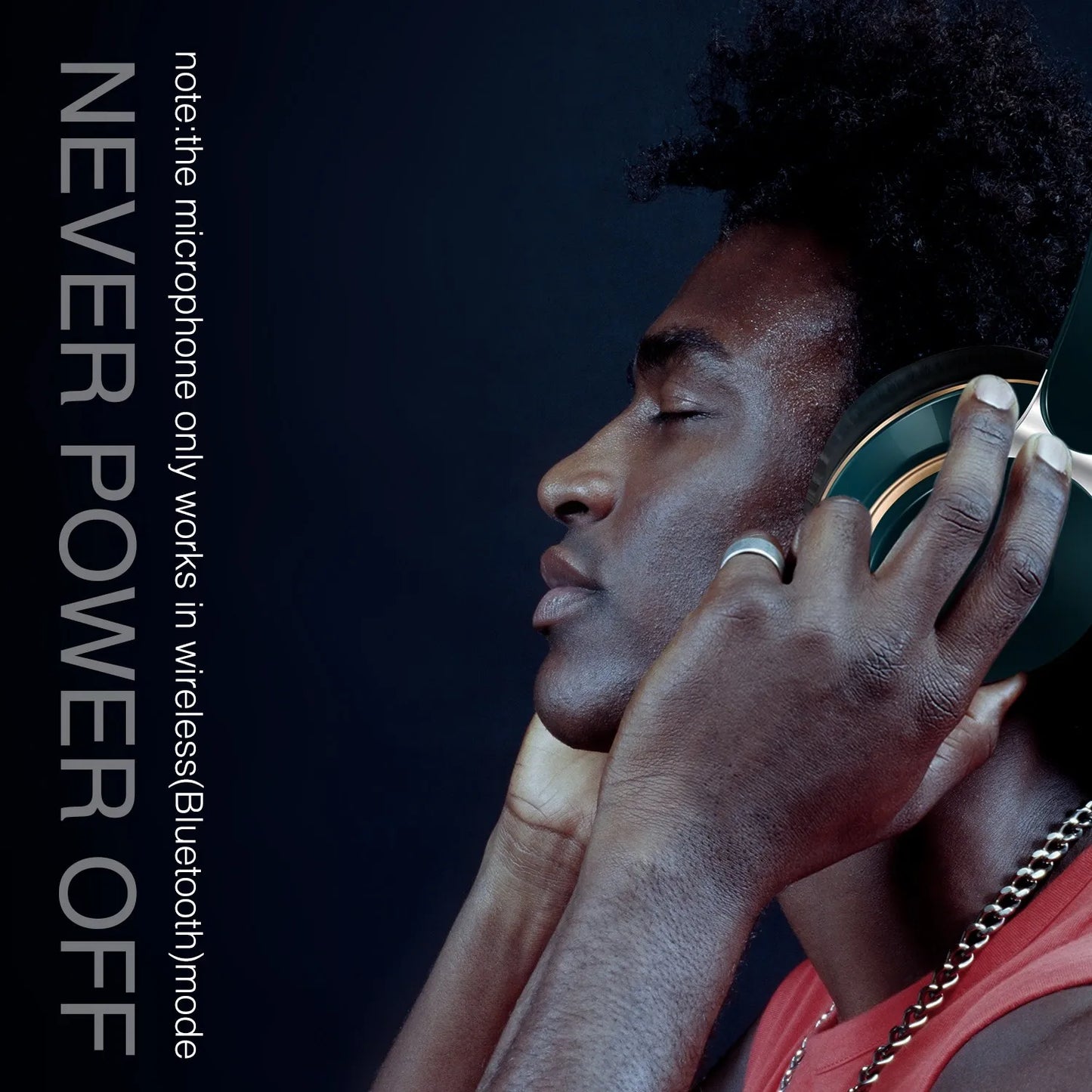 A person wearing Wireless Bluetooth CATASSU Headphones from HeadphoneHeat against a dark background, with the text "NEVER POWER OFF" vertically on the left side and a note about the microphone's Bluetooth mode. The person is listening intently, eyes closed, fully immersed in superior sound quality as they enjoy the music.