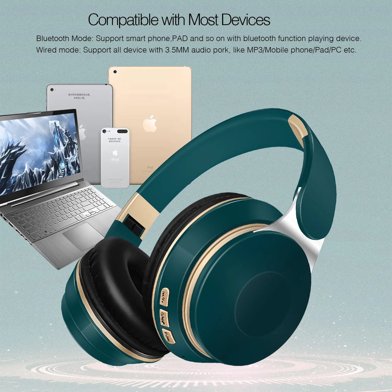 The Wireless Bluetooth CATASSU Headphones by HeadphoneHeat, in a dark green over-ear design with gold accents, are displayed alongside a laptop, smartphone, and tablet. The accompanying text reads "Compatible with Most Devices" and emphasizes superior sound quality available in both Bluetooth and wired modes for an immersive audio experience.