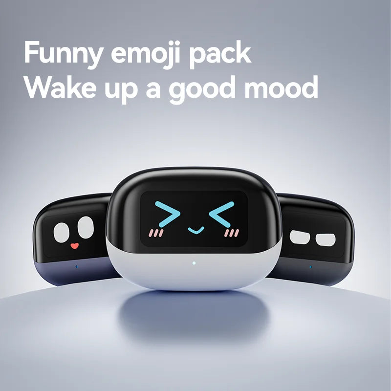 Three digital devices with varying facial expressions displayed on their screens. The devices feature a sleek, rounded design and sit on a reflective surface. Text above reads, "Funny emoji pack Wake up a good mood". Experience dynamic sound quality with HeadphoneHeat’s Sanag S2 Pro Smart Screen Bluetooth Clip Earbuds paired via Bluetooth 5.3 technology.